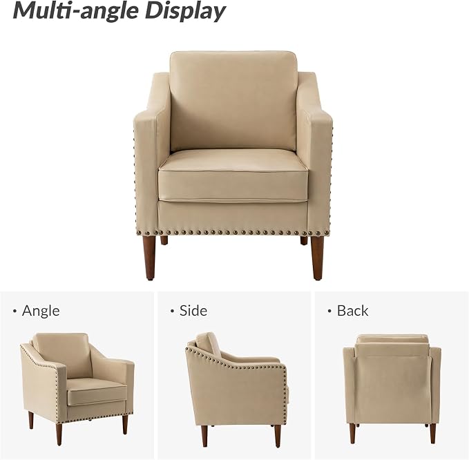 HULALA HOME Faux Leather Accent Armchair with Back & Seat Cushions, Traditional Club Chair with Nailhead Trim, Comfy Upholstered Sofa Chair for Living Room Bedroom, Beige