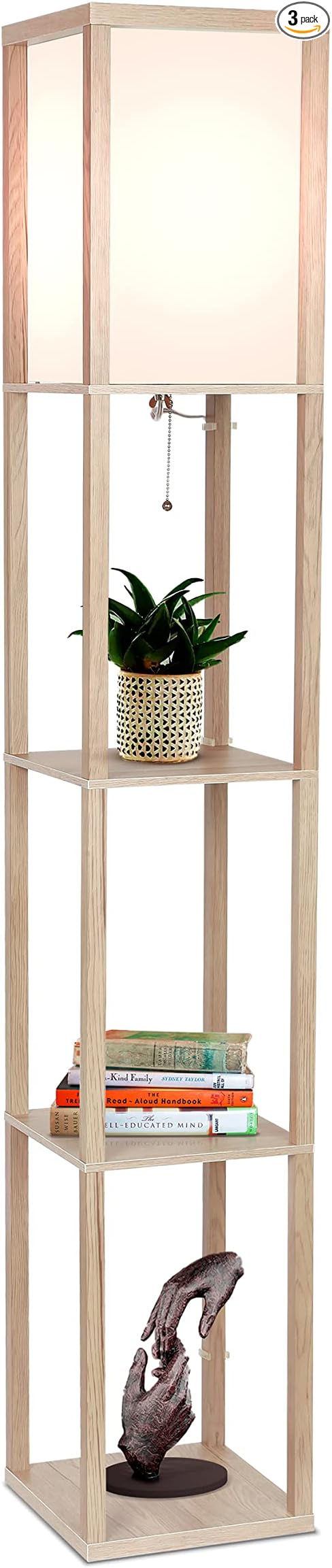 Brightech Maxwell - Modern Shelf Floor Lamp with Lamp Shade & Warm White LED Bulb, Corner Display Floor Lamp with Shelves for Living Room, Bedroom, Nightstand Office, Home Decor Storage - Rustic Wood