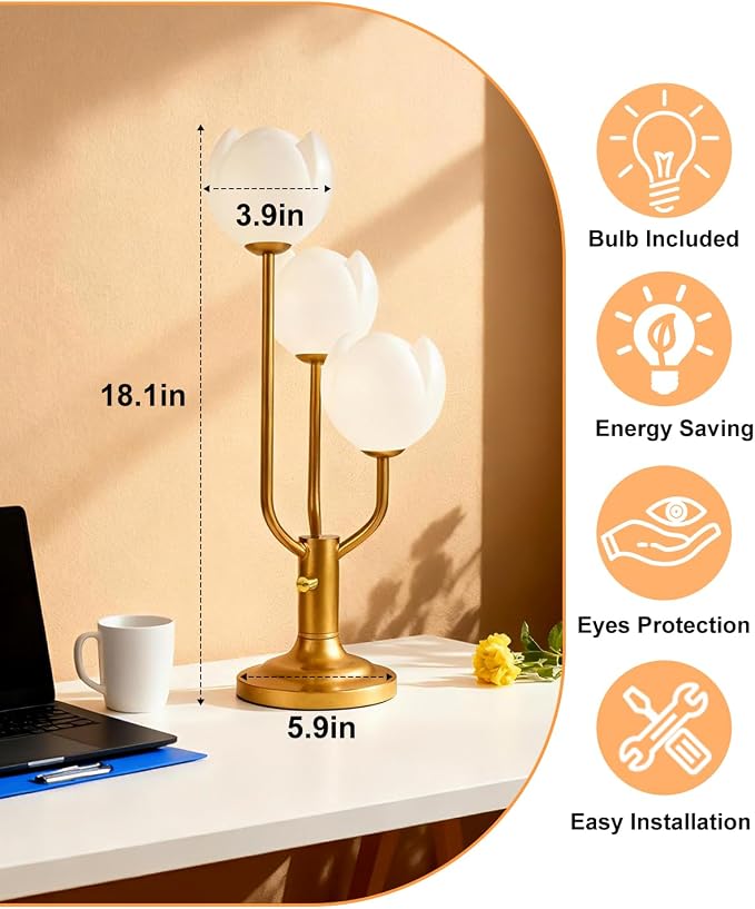 Lightdot Flower Table Lamp for Living Room Modern 3-Light Modern Mid Century Cute Desk Lamp 3000K Warmwhite Dimmable Bedside Nightstand Lamp for Bedroom Reading-Gold