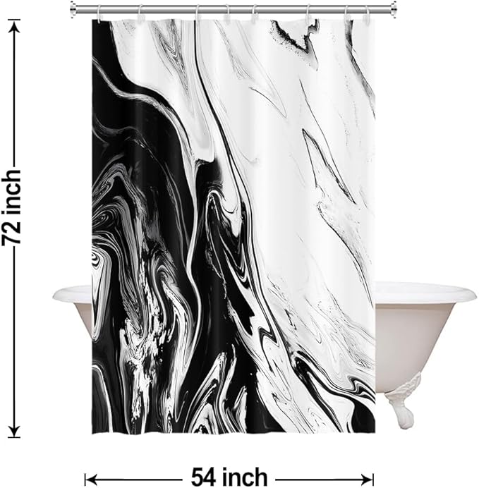 Black and White Shower Curtain, Modern Abstract Black Marble Shower Curtain for Bathroom Aesthetic Ink Texture Waterproof Shower Curtain Set with Hooks, 54x72 Inch
