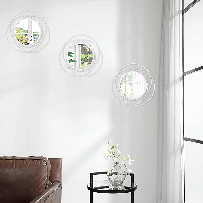 3 Set 12'' White Circle Mirrors Wall Decorative Wire Metal Mirror Art Small Round Mirror Home Decor Hanging Mirror for Room/Bedroom/Bathroom/Entryway
