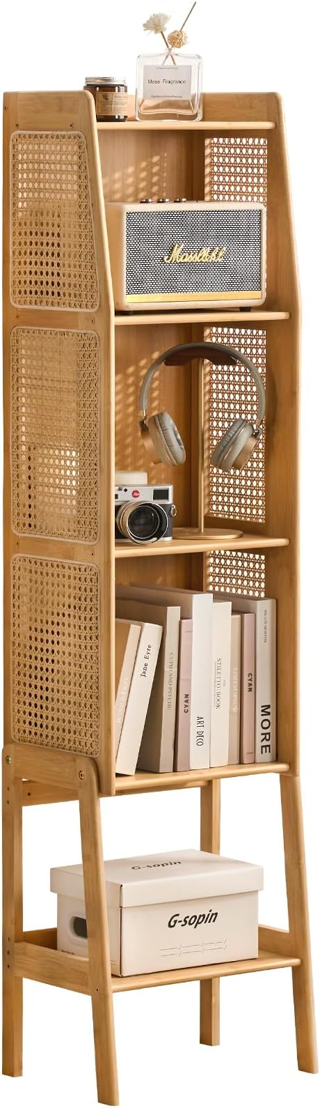 Welnow Bamboo Rattan Bookcase with Cabinet, 3-Tier Storage Shelf with Side Table & End Table Function, Large Modern Wood Organizer for Living Room or Bedroom, Natural Bookshelf