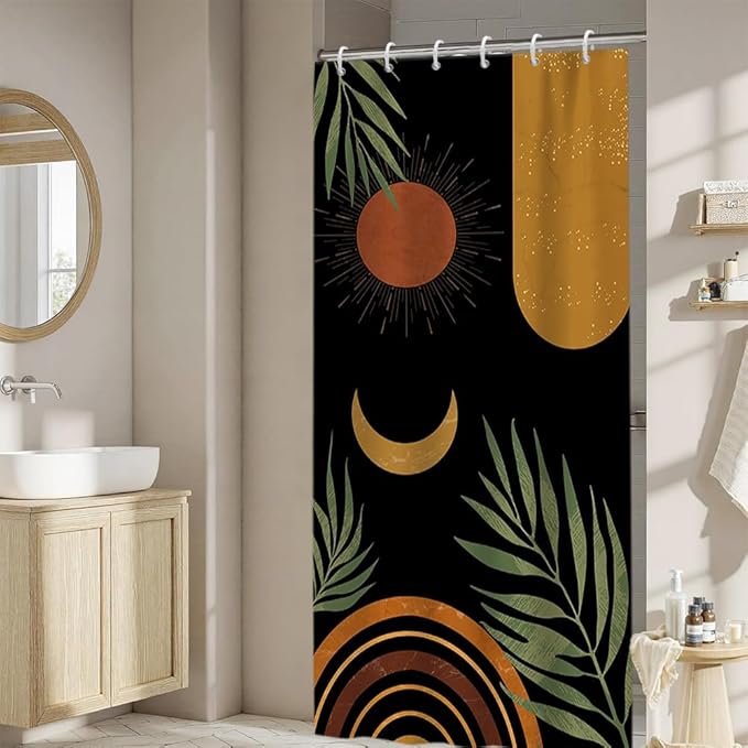 Black Mid Century Boho Shower Curtain for Bathroom Green Leaves Arch Sun Moon Shower Curtains Bohemian Abstract Bathroom Decor Set Washable Waterproof Polyester Fabric with Hooks 36x72 Inch
