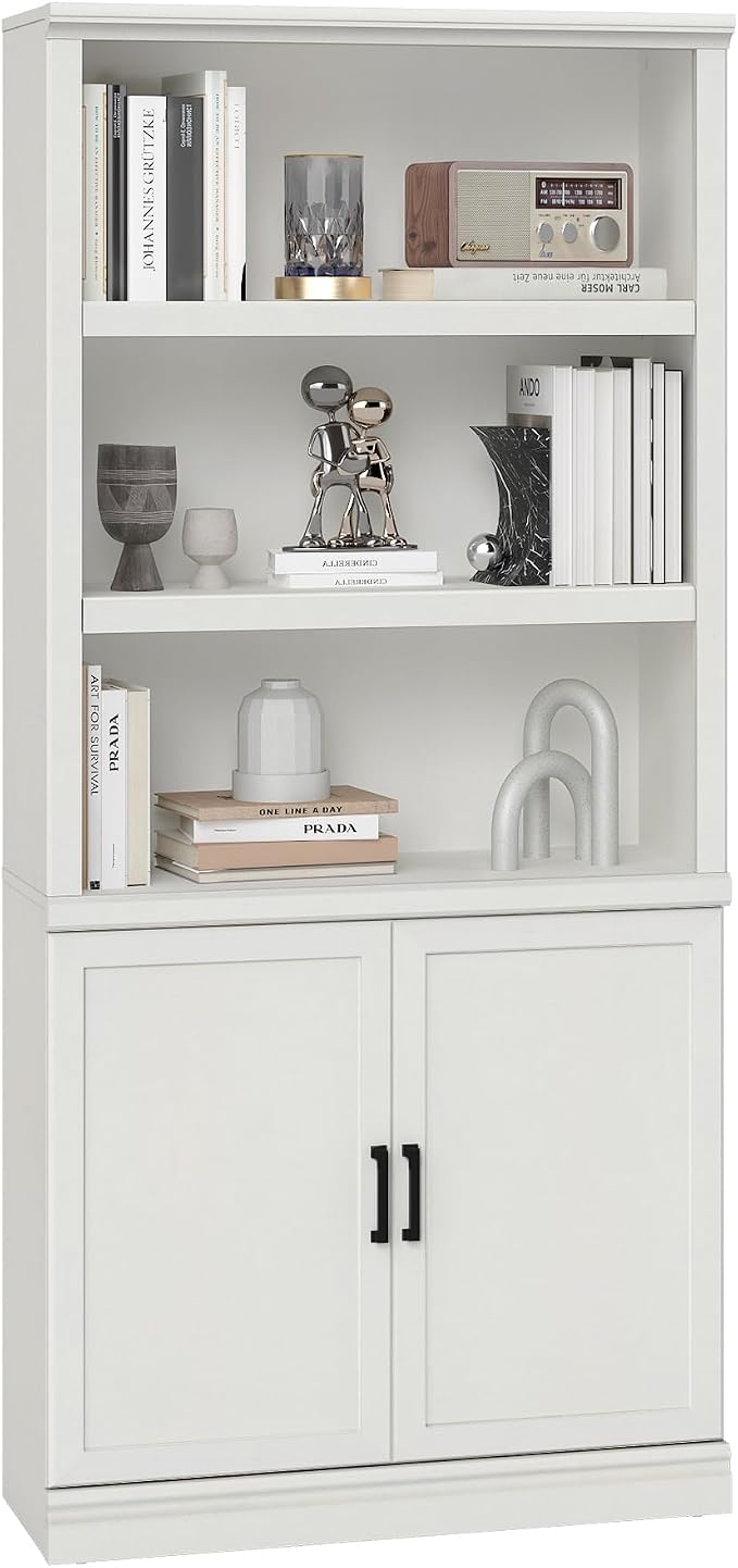 blini 5 Shelf Tall Bookcase with Doors White Bookshelf 31in Wide Display Standing Shelf 72in Tall Wood Book Shelves for Living Room Office Library