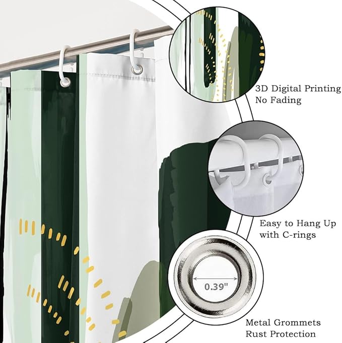 Abstract Geometric Shower Curtain for Bathroom Modern Minimalist Neutral Bathroom Decor Set Green Chic Boho Bathtub Curtain for Hotel Machine Washable Waterproof Polyester Fabric with Hooks 36x72 Inch