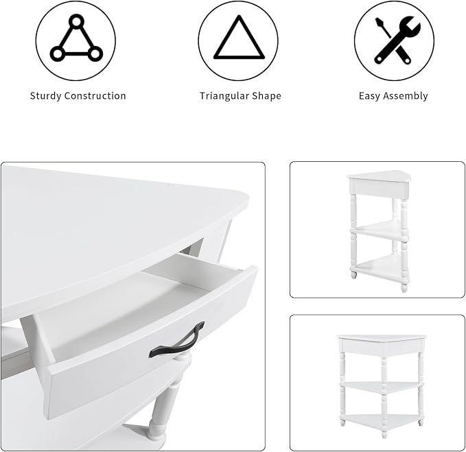 33.86" Corner Table, Wood 3 Tier Triangle Side Table Corner Shelf Stand with Solid Wood Legs 1 Drawer & 2 Storage Shelves for Living Room Small Space (Milk White)