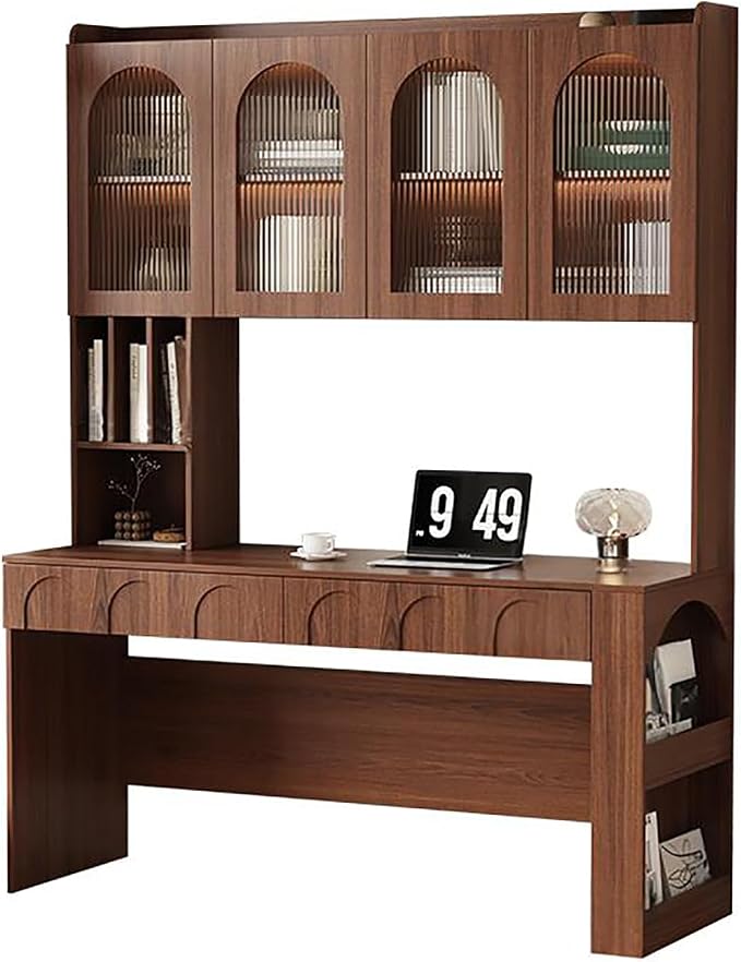 79" Mid-Century Desk, Multifunctional Computer Desk with Drawer and Glass Storage Cabinets, Reading Table, Office Desk, Bedroom Vanity Desk(140CM, A)