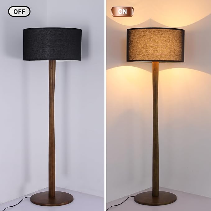 62" Tall Rustic Wood Floor Lamp for Living Room, Farmhouse Walnut Wood Floor Lamps with Linen Shade, UL Listed Standing Lamps with Wooden Base for Bedroom, Dining Room, House, Black Shade