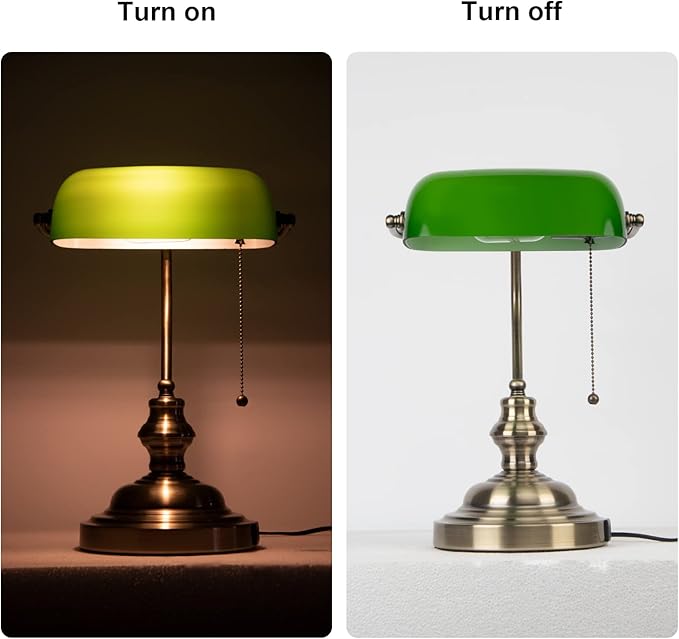 Green Bankers Lamp with Pull Switch, Retro Desk Lamp with USB & Type C Charging Ports, Antique Library Lamp for Home Office, Library, Study Room