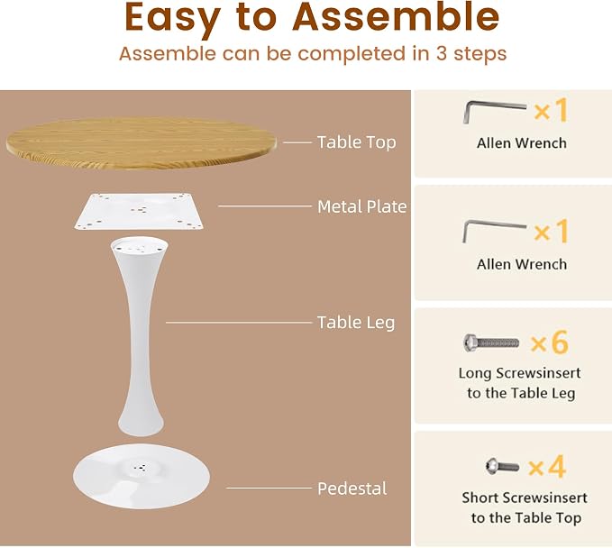 Round Dining Tulip Table for 2, Mid-Century Modern Table with Sturdy Metal Pedestal for Kitchen, Bistro, Cafe, Leisure (Faux Oak, 24 INCH)