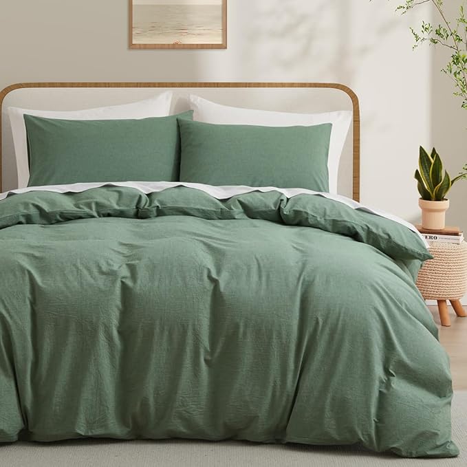LOVQUE 100% Washed Cotton Duvet Cover Queen Size, Mint Green Fade-Resistant Natural Bedding Set (No Comforter), 90x90 Inches