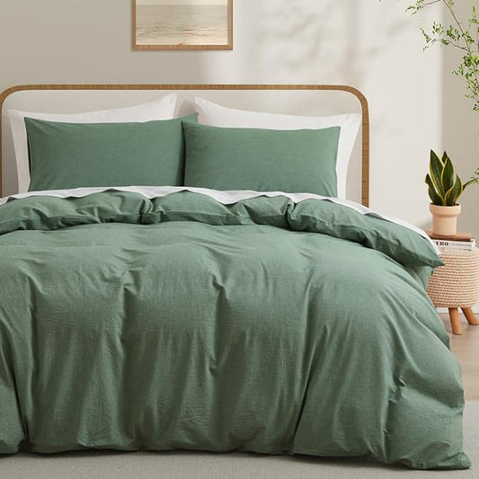 LOVQUE 100% Washed Cotton Duvet Cover Queen Size, Mint Green Fade-Resistant Natural Bedding Set (No Comforter), 90x90 Inches