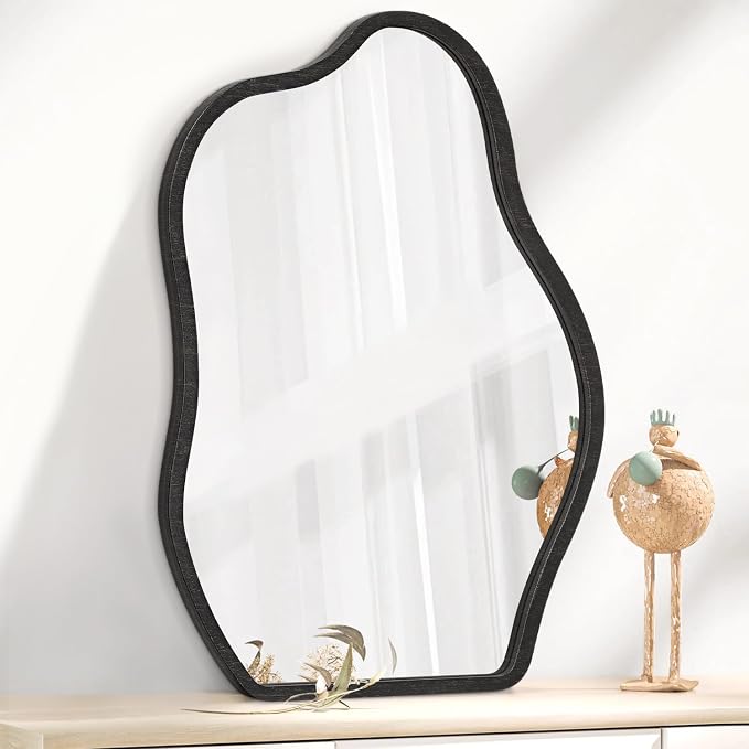 Modern Asymmetrical Mirror Unique Irregular Wooden Framed Mirror for Wall Hanging Mirrors Artistic Cloud Shape Wall Mirror Decor Bathroom Bedroom Living Room Entryway Hallway Small