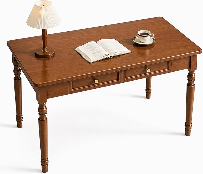 Walnut Writing Desks with Drawers, 47" Solid Wood French Country Style Computer Desk for Home Office, Living Room Study Workspace or Bedroom, Traditional Vanity Dressing Table