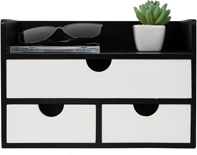 Rustic Distressed white 3-Tier Wood Desk Organizer with 3 Drawers Mini Storage Shelf For Desk, Toiletries Vanity Office Supplies (BlackWhite)
