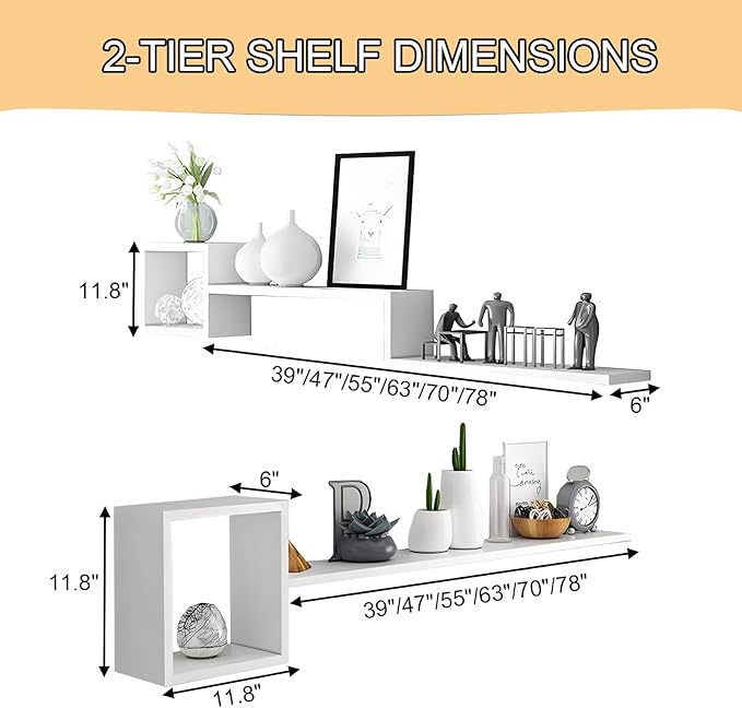 Wall Mounted Shelves Wooden Floating Shelf Home Decor for Wall, Sofa, Bathroom, Bedroom, Living Room, Kitchen, Office Walnut-2-layer 70"