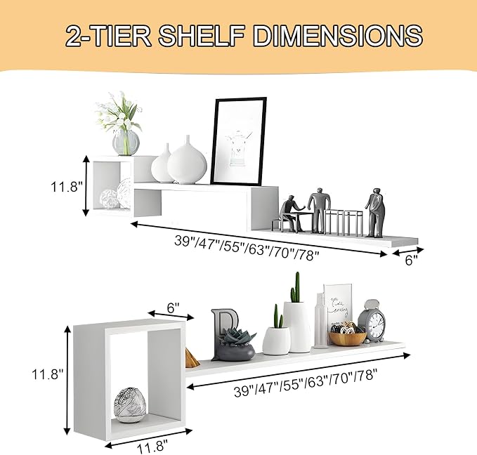 Wall Mounted Shelves Wooden Floating Shelf Home Decor for Wall, Sofa, Bathroom, Bedroom, Living Room, Kitchen, Office Black-2-layer 39"