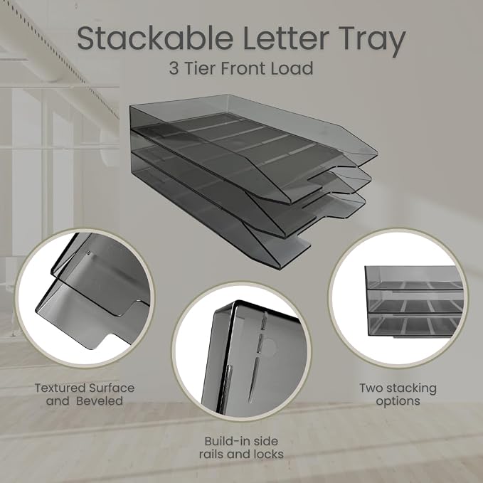 Acrimet 3 Tier Paper Organizer Letter Tray - Plastic Stackable Desk File Organizer, Front Load Paper Sorter Organizer for Letter/A4 Office File Folder Holder - Clear Gray