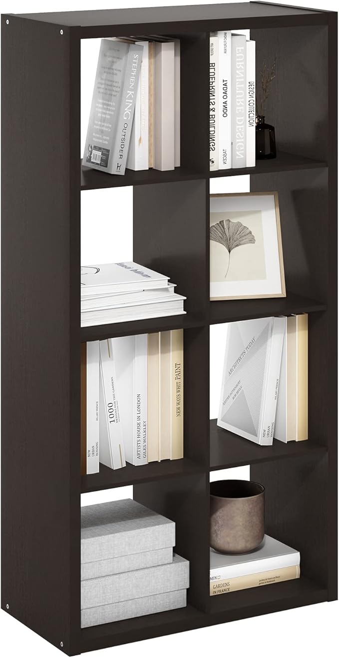 Furinno CUBICLE Book Shelf, 8-Cube Bookshelf, Extra Thick Frame Horizontally & Vertically Reversible Bookcase with Open Back, 14.6" x 30" x 58", for Living Room, Bedroom, Home Office, Black Dark Oak