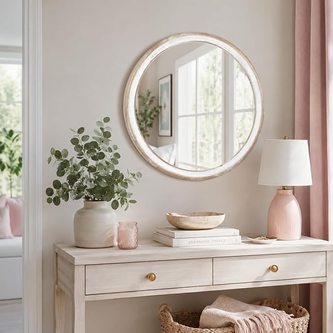 Reflinto 24 Inch Rustic Farmhouse Round Mirror for Wall Decor, | Whitewashed Wooden Circle Mirrors for Bathroom Over Sink, Bedroom, Entryway, Living Room, Kitchen, Office