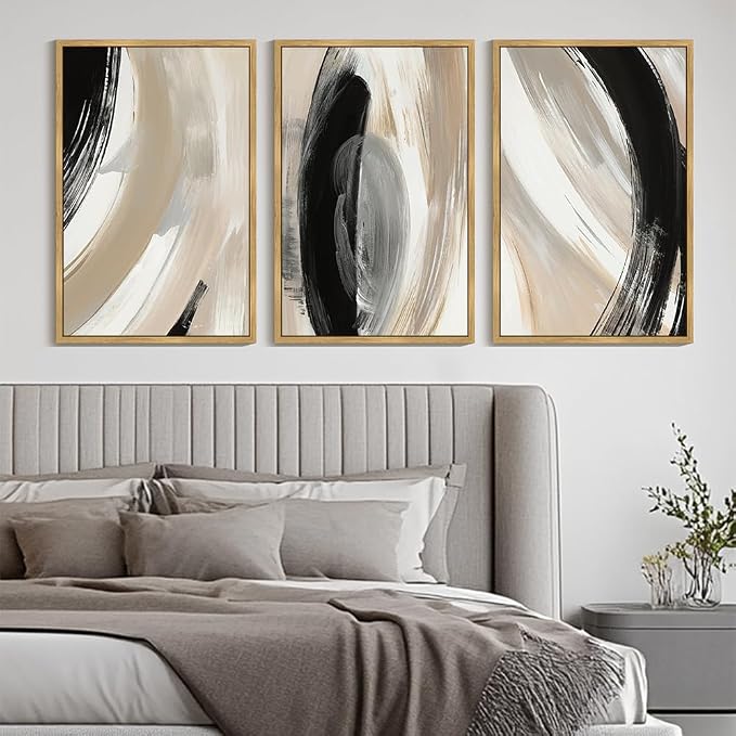 KUVIOKE Black Abstract Framed Wall Art Neutral Minimalist Graffiti Pastel Wall Decor Modern Illustration Art Painting for Bedroom Dining Room 24x36in (Natural Framed)
