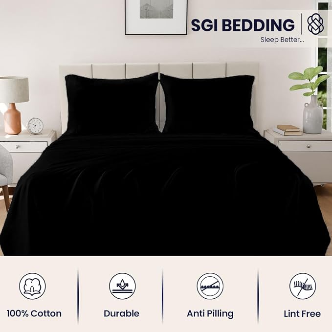 SGI bedding 100% Egyptian Cotton Sheets RV King Size – 600 Thread Count Sheets Set, Soft, Cooling, 15" Deep Pocket, Luxury Hotel Bedding, Breathable, Durable - Black