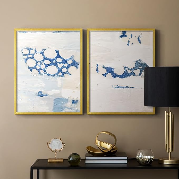 Renditions Gallery Set of 2 Peel & Stick Framed Prints, Textured Abstract Wall Art, White Blue Bubble Like Pattern Wall Decor, Re-Stickable - Ready to Hang - 11"x14" - GOLD Frame LT588