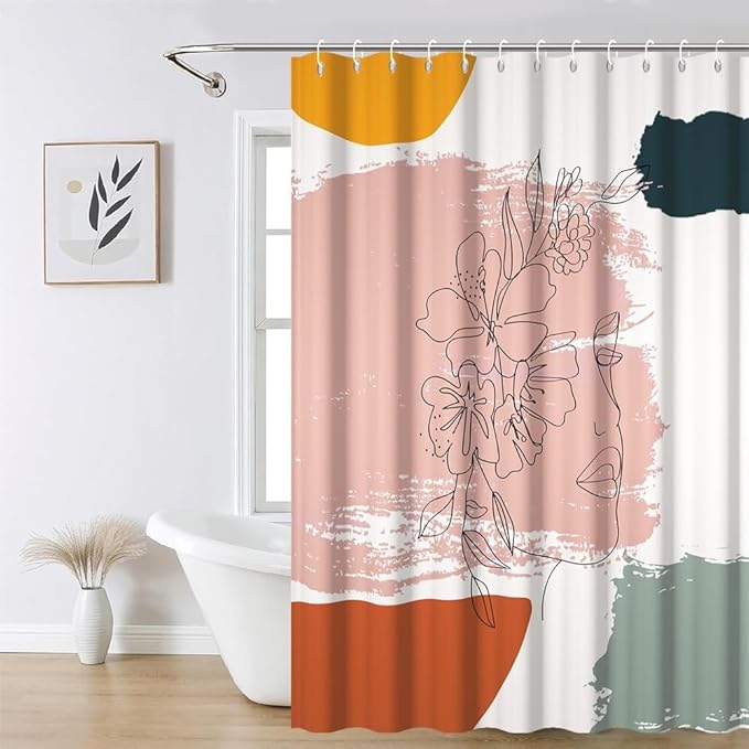 Boho Abstract Line Art Shower Curtain Modern Minimalist Bathroom Decor Floral Woman Face Abstract Color Block Chic Aesthetic Bathtub Curtains Washable Waterproof Polyester Fabric with Hooks 69x70 Inch