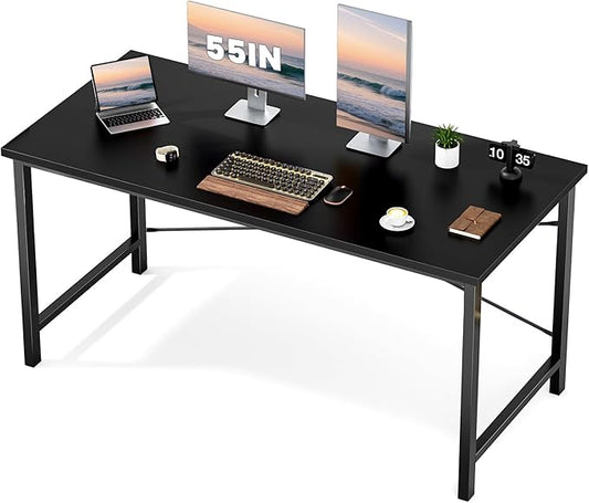 Sweetcrispy Computer Office Desk 55 Inch Student Study Writing Work with Metal Frame Wood Tabletop Modern Simple PC Home Bedroom Table - Black, Sturdy Compact Desk for Laptop, Study, Gaming
