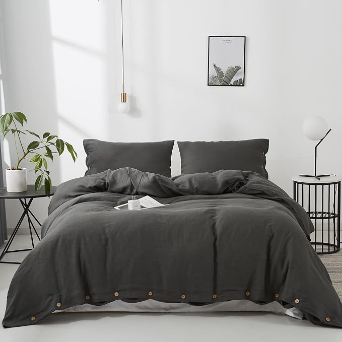 Simple&Opulence 100% Linen Duvet Cover Set 2pcs with Coconut Button Closure Natural French Washed Flax Solid Color Soft Breathable Farmhouse Bedding - Dark Grey, Twin Size