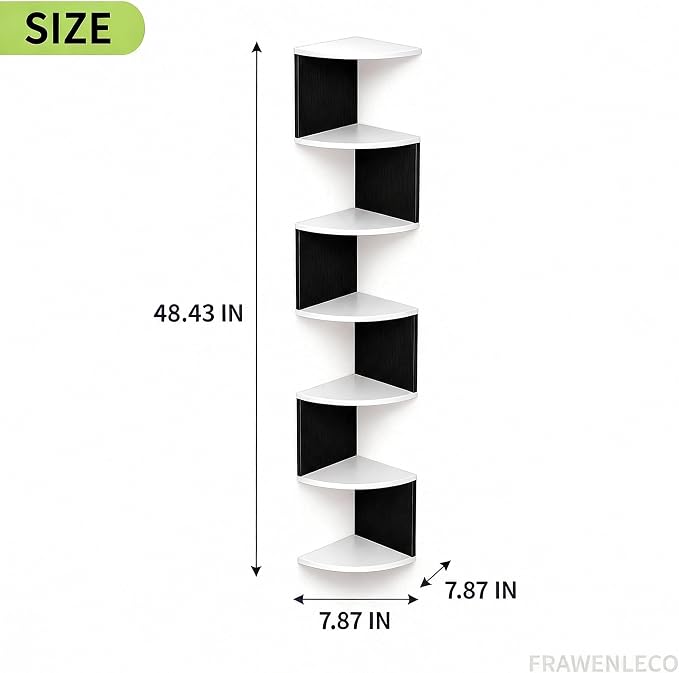 No-Drill Corner Shelf Wall Mount, 7-Tier Floating Corner Bookshelf with Hooks, Space-Saving Zigzag Plant Shelf for Bedroom, Living Room, Bathroom, Home Office(Black & White)