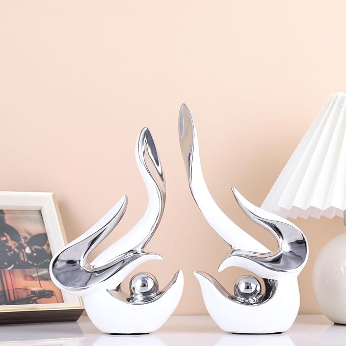 Mid Century Modern Abstract Art Home Decor Accent,Porcelain Statues for Living Room Coffee Table Centerpieces for Dining Room,Ceramic Sculptures and Gold Knick Knacks for TV Stand Decor (White Silver)