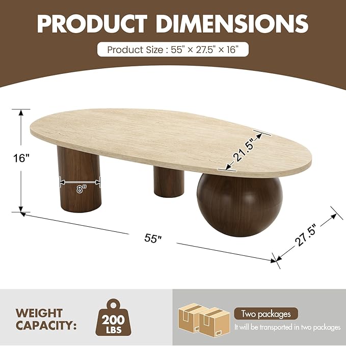 55" Modern Cloud Coffee Table for Living Room, Travertine-Pattern Top Irregular Coffee Table with Walnut Wood Finished Legs, Modern Indoor Accent Center Table for Living Room Bedroom