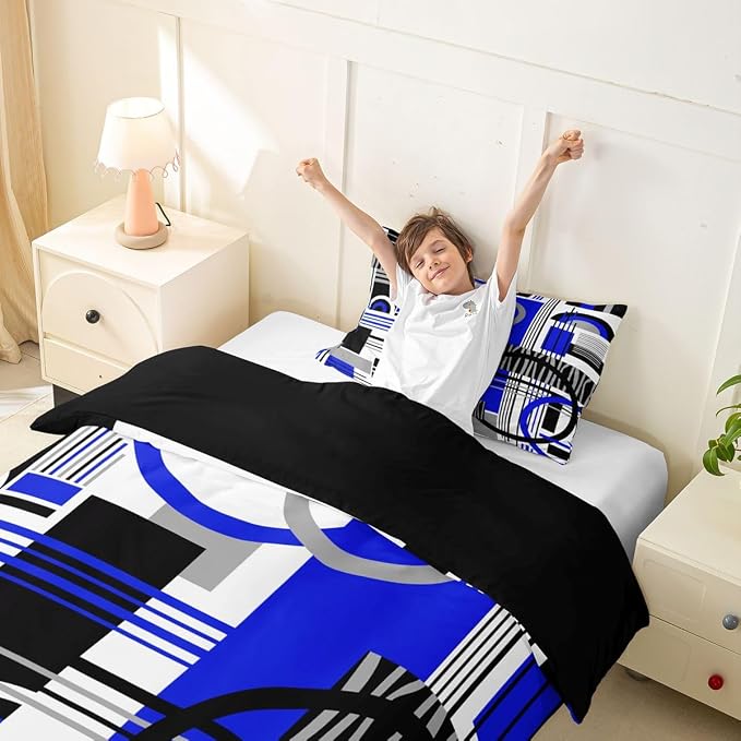 Erosebridal Art Deco Mid Century Duvet Cover Set Retro Modern Abstract Geometric Twin Bedding Sets for Girls Kids Boys Black and White Navy Blue Circles Stripes Comforter Cover Contemporary Bed Set