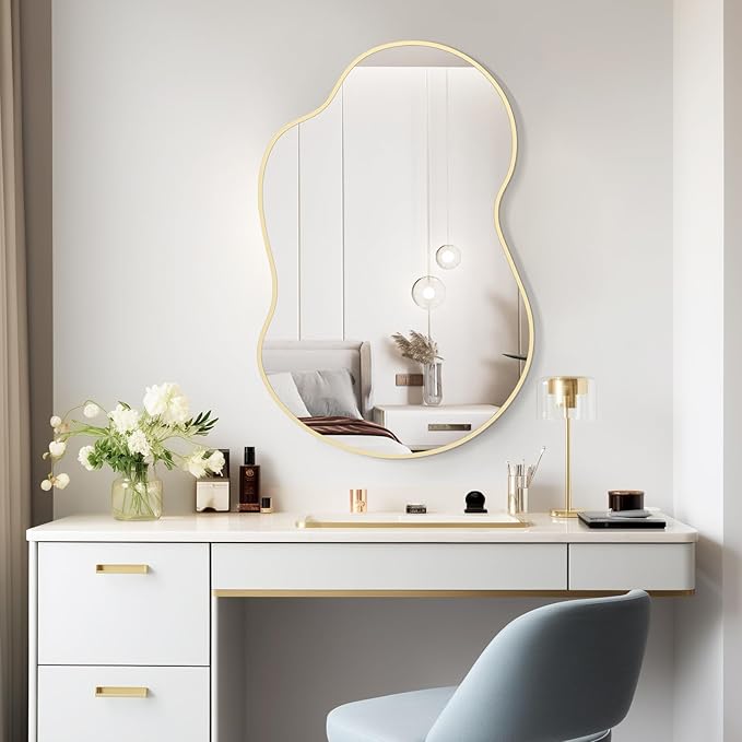 WallBeyond Gold Asymmetrical Mirror, Modern Irregular Wall Mirror with Aluminum Frame for Bedroom, Bathroom, Living Room, and Entryway 36" H x 24" W (Gold)