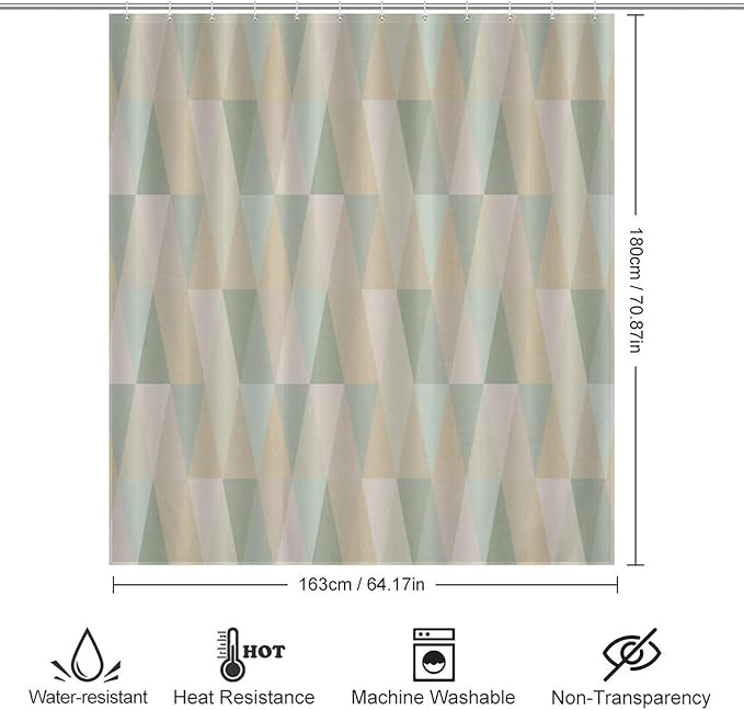 Mid Century Triangle Pattern Shower Curtains, Vintage Bohemian Modern Mid-Century Washable Waterproof Fabric for Bathroom Decor Bathtub with 12 Hooks 66x72in（168x183cm）
