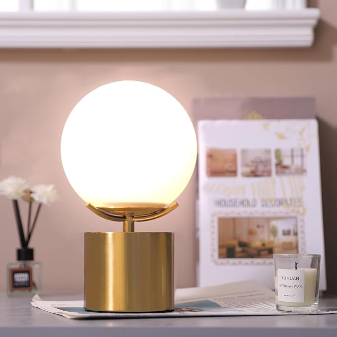10 Inch Gold Globe Table Lamp, Mid Century Modern Desk Lamp with Frosted Glass Shade, Eye-Caring Soft Light, Gold Metal Base Ball Bedside Lamp for Bedroom Living Room Nightstand Home Decor