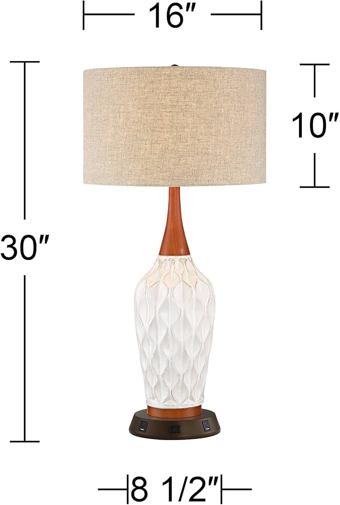 360 Lighting Rocco Mid Century Modern Table Lamp with USB and AC Power Outlet Workstation Charging Base 30" Tall White Ceramic Oak Wood Tan Fabric Drum Shade for Living Room Bedroom House