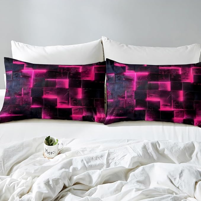 Erosebridal 3D Geometric Bedding Sets Twin Abstract Aesthetic Comforter Cover, Black and Hot Pink Bed Set Glowing Futuristic Cubes Twin Duvet Cover, Neon Grid Quilt Cover 2pcs (Black Reversible)
