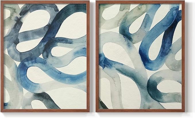 Renditions Gallery Set of 2 Peel & Stick Framed Prints, Watercolor Abstract Wall Art, Aquatic Water and Sand Strokes Wall Decor, Re-Stickable - Ready to Hang - 8"x10" - Walnut Frame LT588