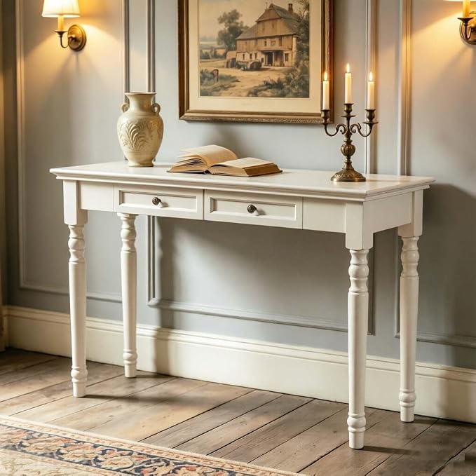 47" Narrow Solid Wood Writing Desk with Drawers, White French Country Style Computer Desk for Home Office, Living Room or Study