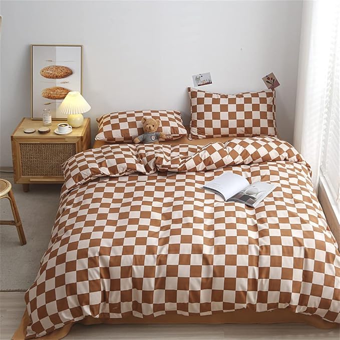 Pureant Pumpkin White Plaid Comforter Set Twin Brown and White Checkered Bedding Comforter Soft Women Girls Brown Checkerboard Grid Quilts Twin Size Boho Pumpkin Buffalo Plaid Comforter Geomertic
