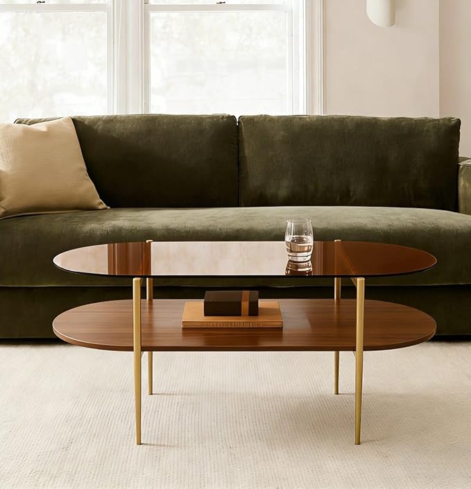 AGV LIGHTING Oval Rectangle Coffee Table with Amber Brown Glass Top, Mid-Century Modern Coffee Table, Walnut Wood Shelf and Gold Metal Legs, Capsule Shape 2 Tier Coffee Table for Living Room, 42 Inch