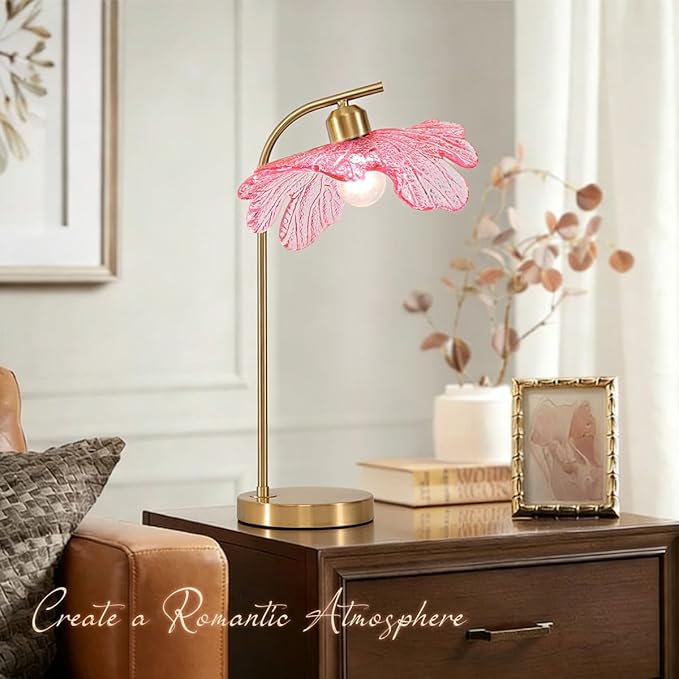 Pink Glass Table Lamps Mid Century Modern Table lamp Gold Desk lamp Tall Table Lamp Touch Nightstand Lamp with Flower Design Bedside Table Lamp for End Table Side Living Room Girl's Room