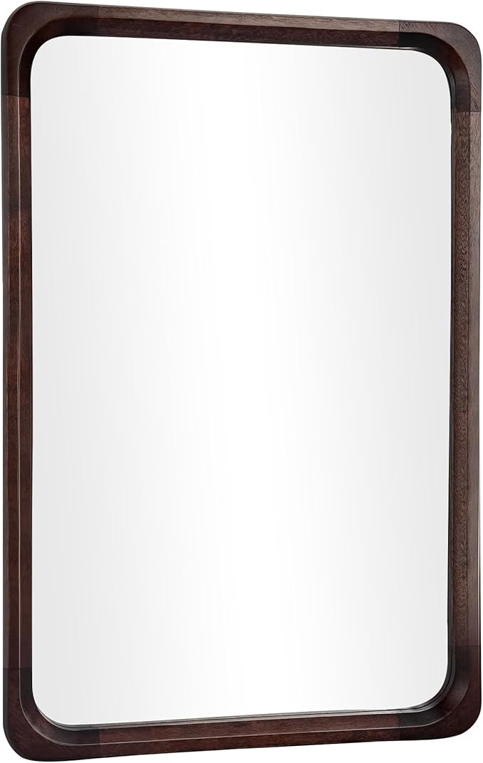 Tanmicoshomy Wood Bathroom Mirror 26 x 40 Inch, Solid Wood Framed Rectangle Mirrors with Tempered Glass for Living Room Bedroom Office or Entryway(Dark Brown)