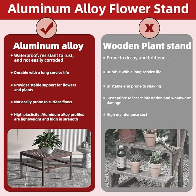 Plant Stand - Indoor/Outdoor Extra-Sturdy Aluminum Plant Stand – Ideal for Patios, Gardens, Living Room Decoration（Brown）