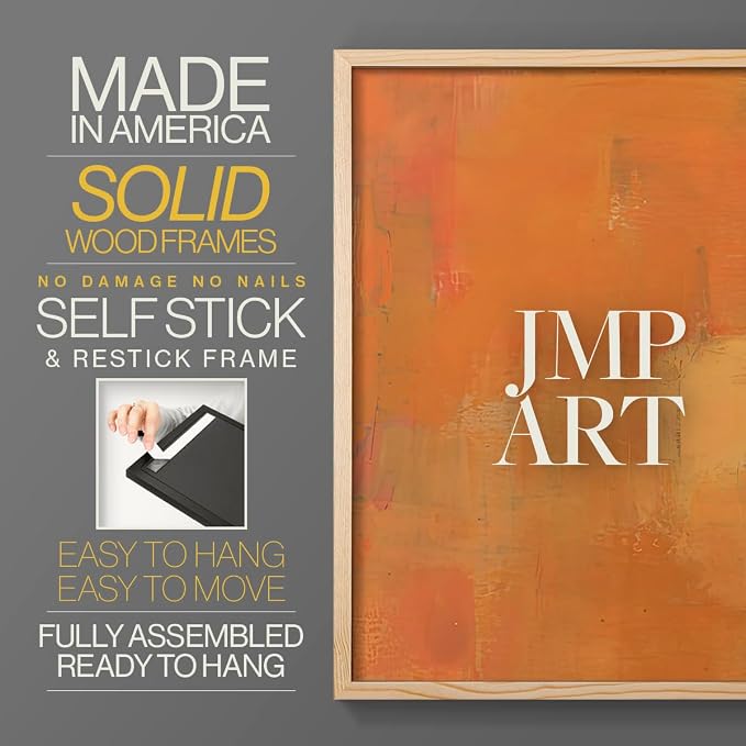 Renditions Gallery Set of 2 Peel & Stick Framed Prints, Abstract Wall Art, Rustic Fain Marking with Brush Strokes Wall Decor, Re-Stickable - Ready to Hang - 16"x20" - NATURAL WOOD Frame LT588