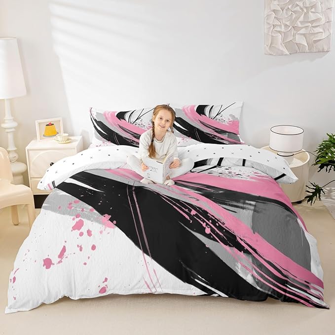 Erosebridal Black and Pink Duvet Cover Queen - Geometric Decorative Abstract Bedding Striped Bed Set for Girls Boys Adults Watercolor Minimalists Graffiti Aesthetic Lines Bed Cover