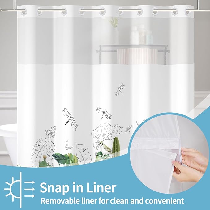 No Hook Shower Curtain with Snap in Fabric Liner Tropical Green Plant Shower Curtains for Bathroom Leaf Botanical Sage Green Shower Curtain Sets Waterproof Bathtub Curtain 71x74 Inch