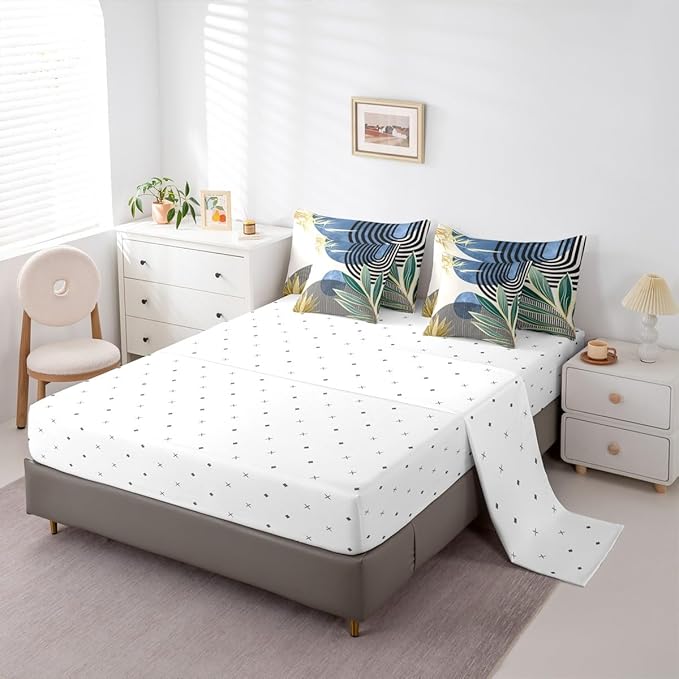 Erosebridal Mid Century Modern Bedding Sets Full Modern Boho 7 Piece Comforter Set,Abstract Minimalist Art Bed in a Bag Arch Curve Leaves Aesthetic Sheet Set with Comforter,Blue Green